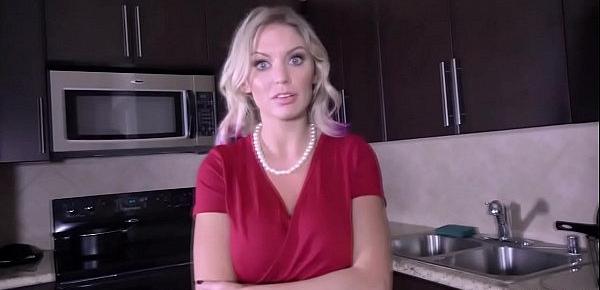  Blonde shoplifter MILF Kenzie Taylor got caught and blackmailed by stepson and performs a handsfree blowjob while wearing handcuffs.